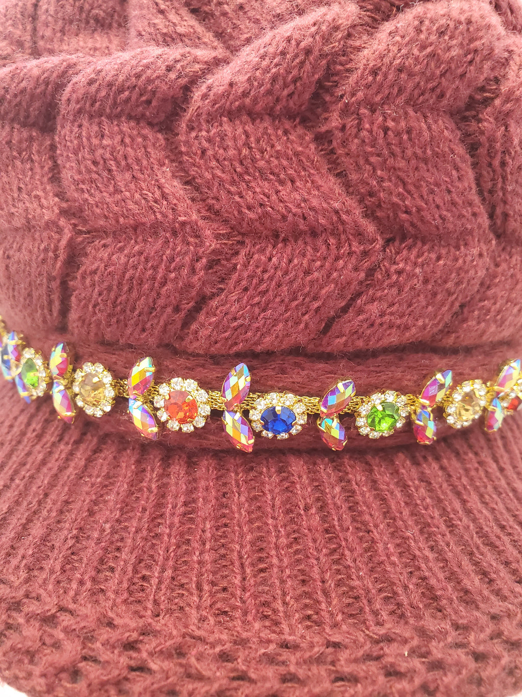 Wine Cable Knit Brim Beanie with Jewel Accent & Fleece Lining