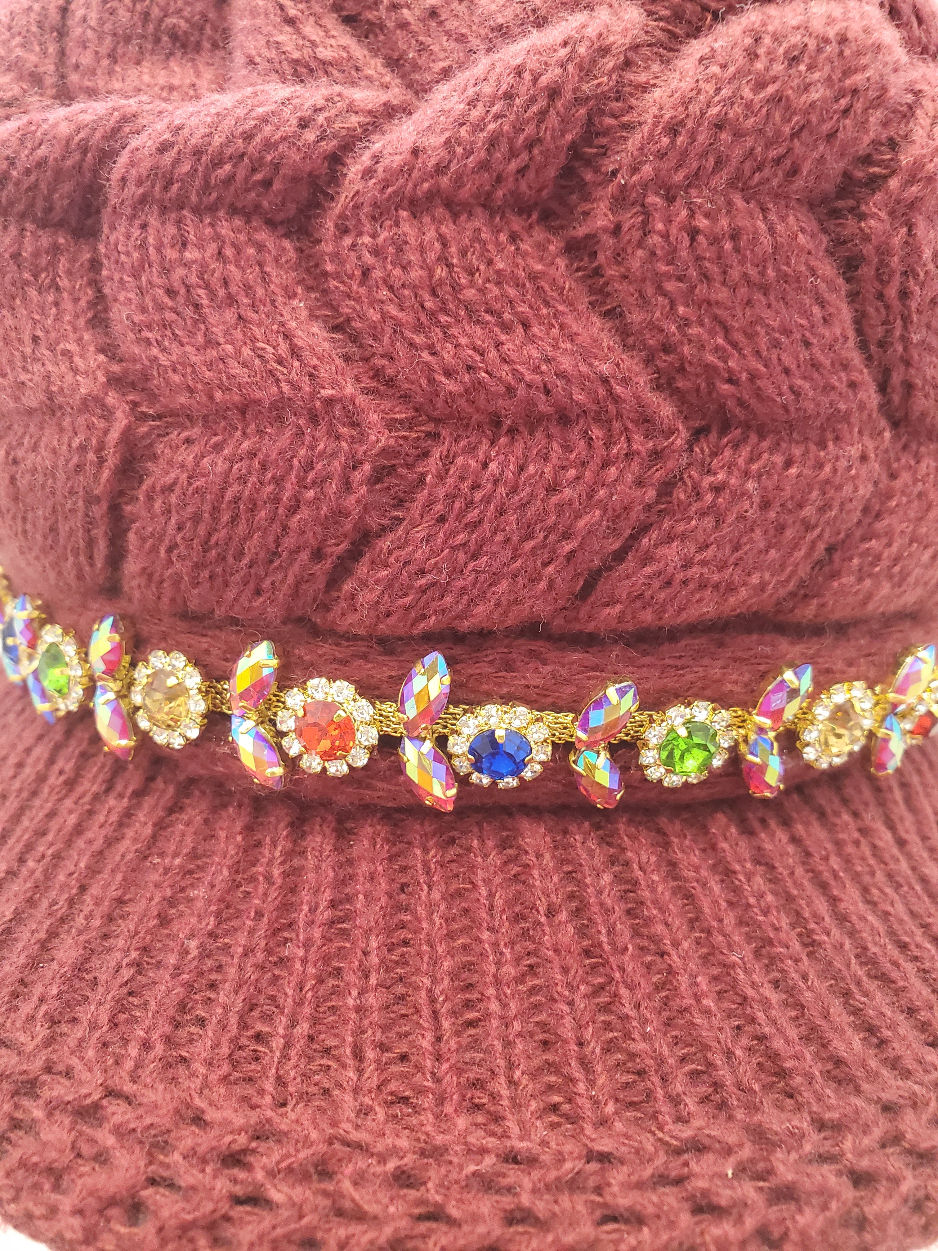 Wine Cable Knit Brim Beanie with Jewel Accent & Fleece Lining