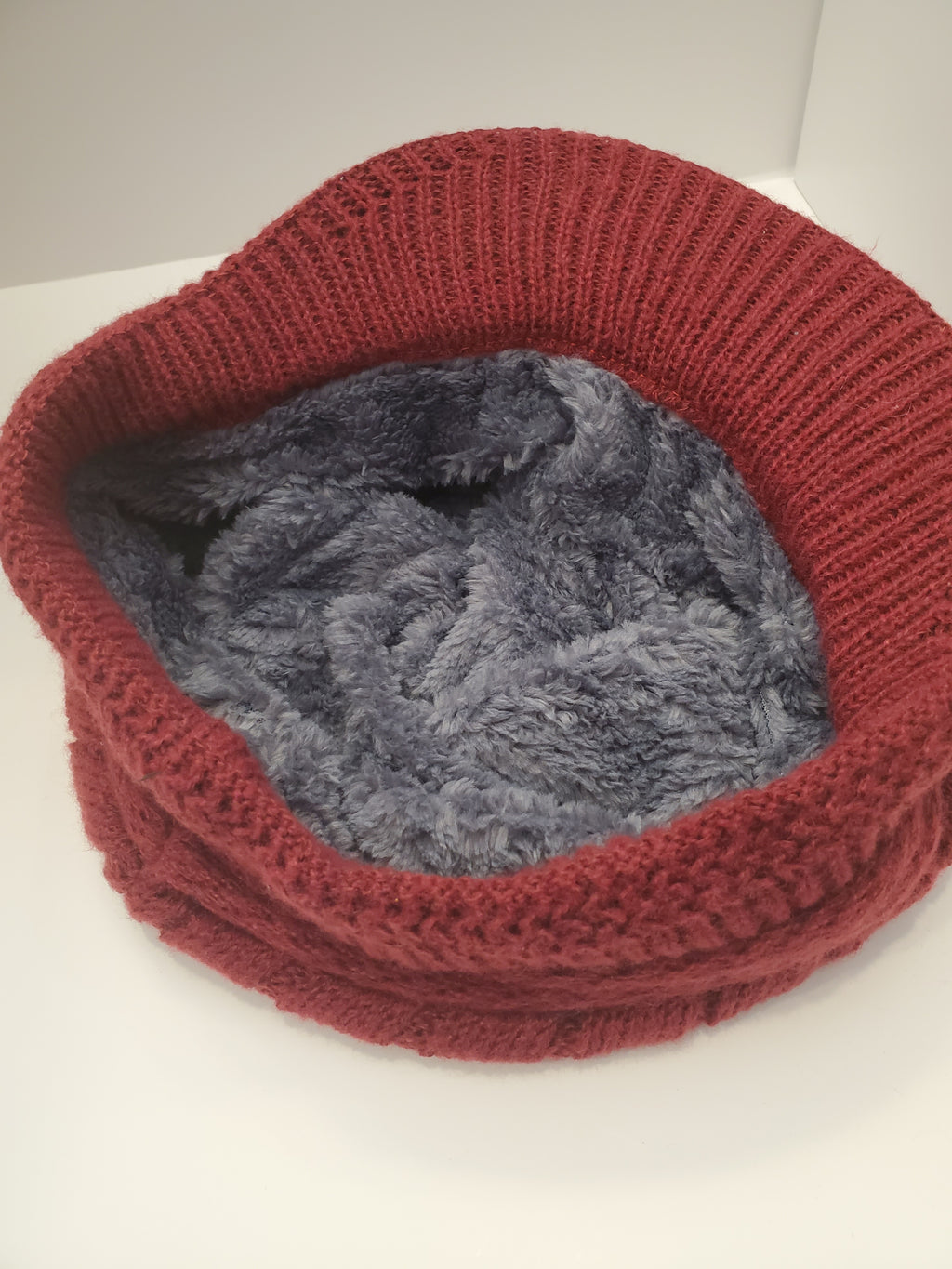 Wine Cable Knit Brim Beanie with Jewel Accent & Fleece Lining