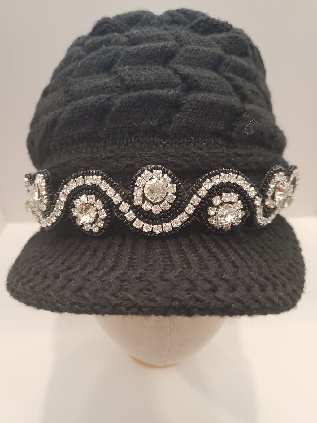 Black Cable Knit Brim Beanie with Crystal Wave Accent & Fleece Lining