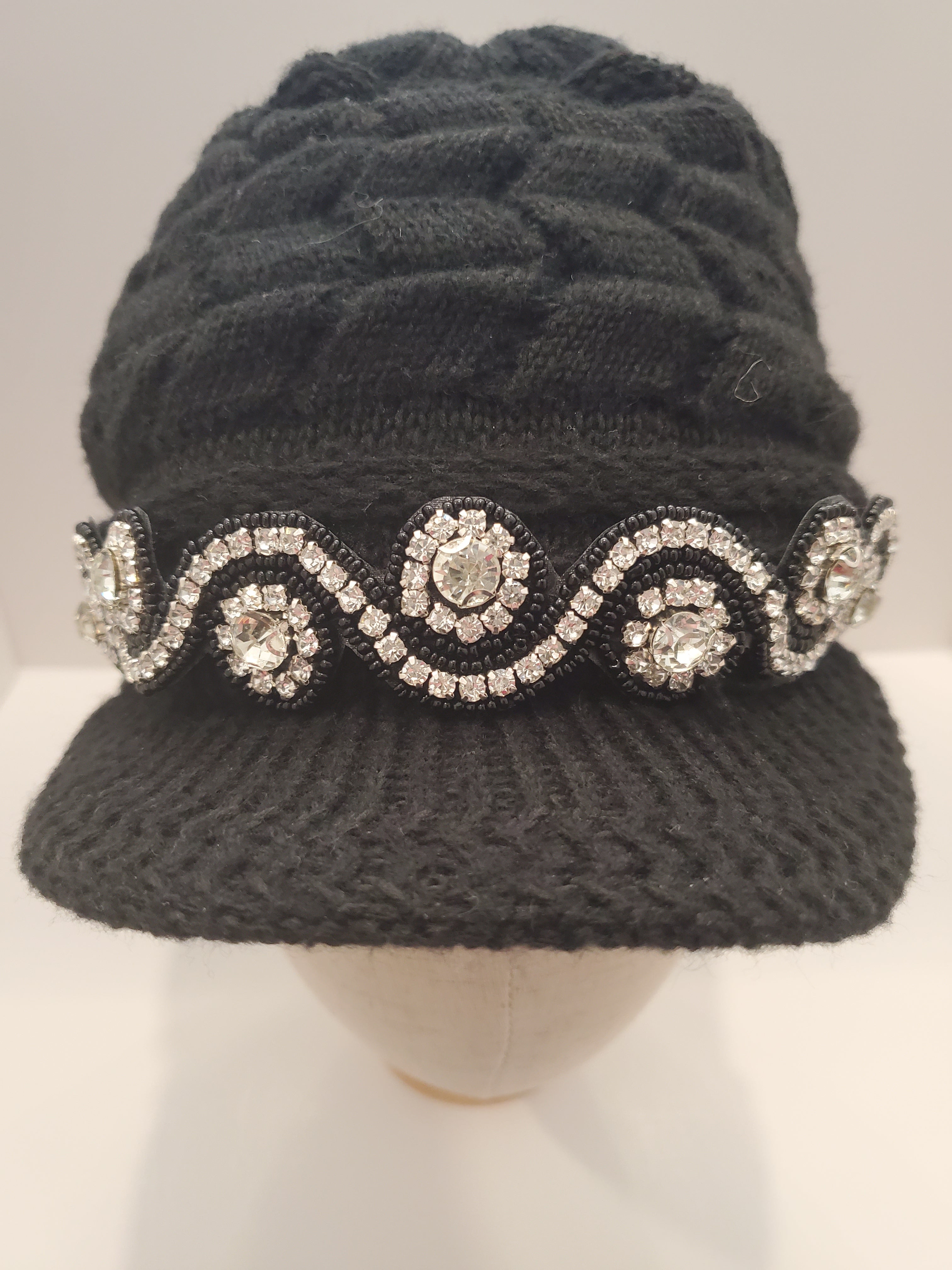Black Cable Knit Brim Beanie with Crystal Wave Accent & Fleece Lining
