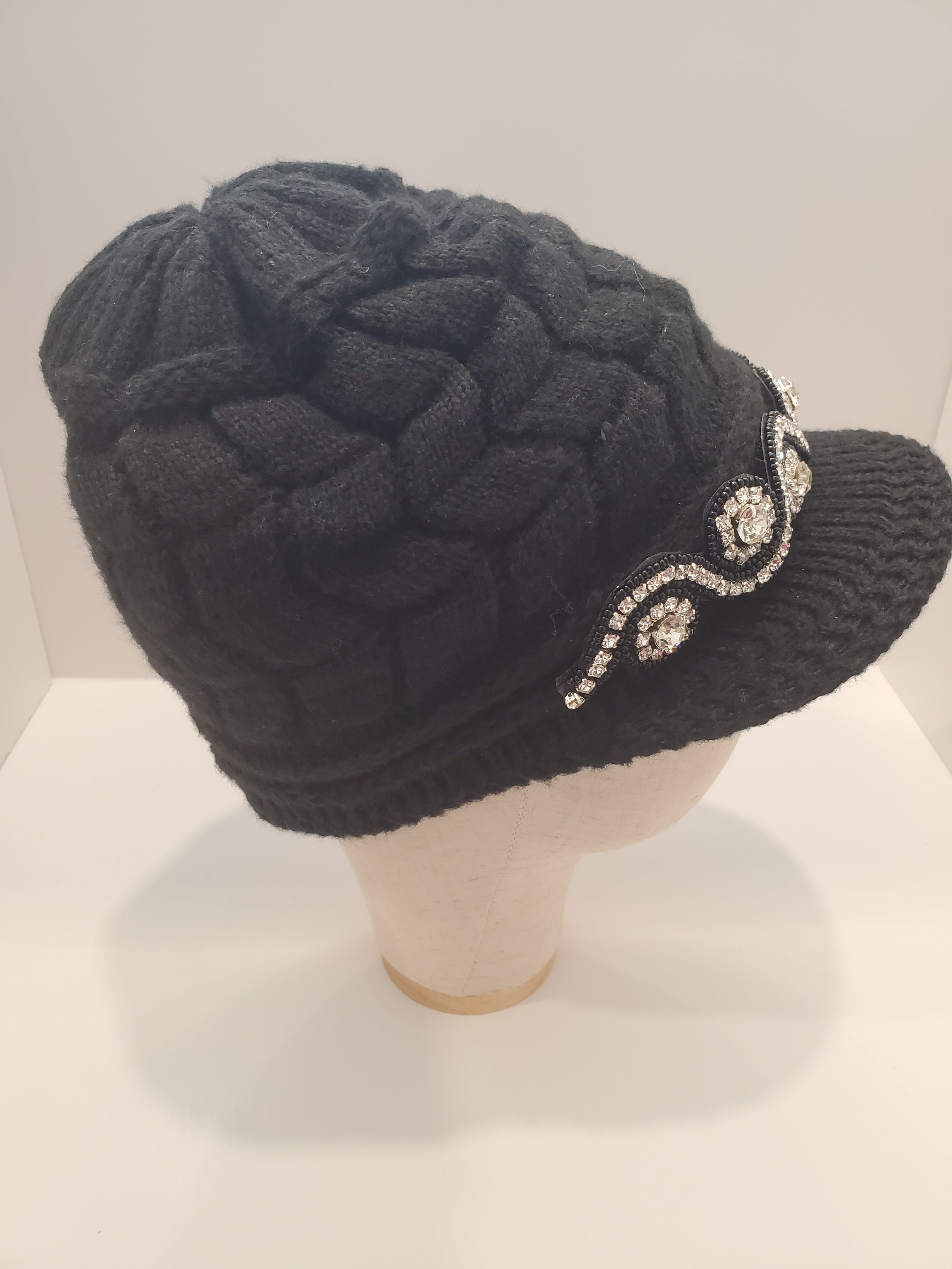 Black Cable Knit Brim Beanie with Crystal Wave Accent & Fleece Lining
