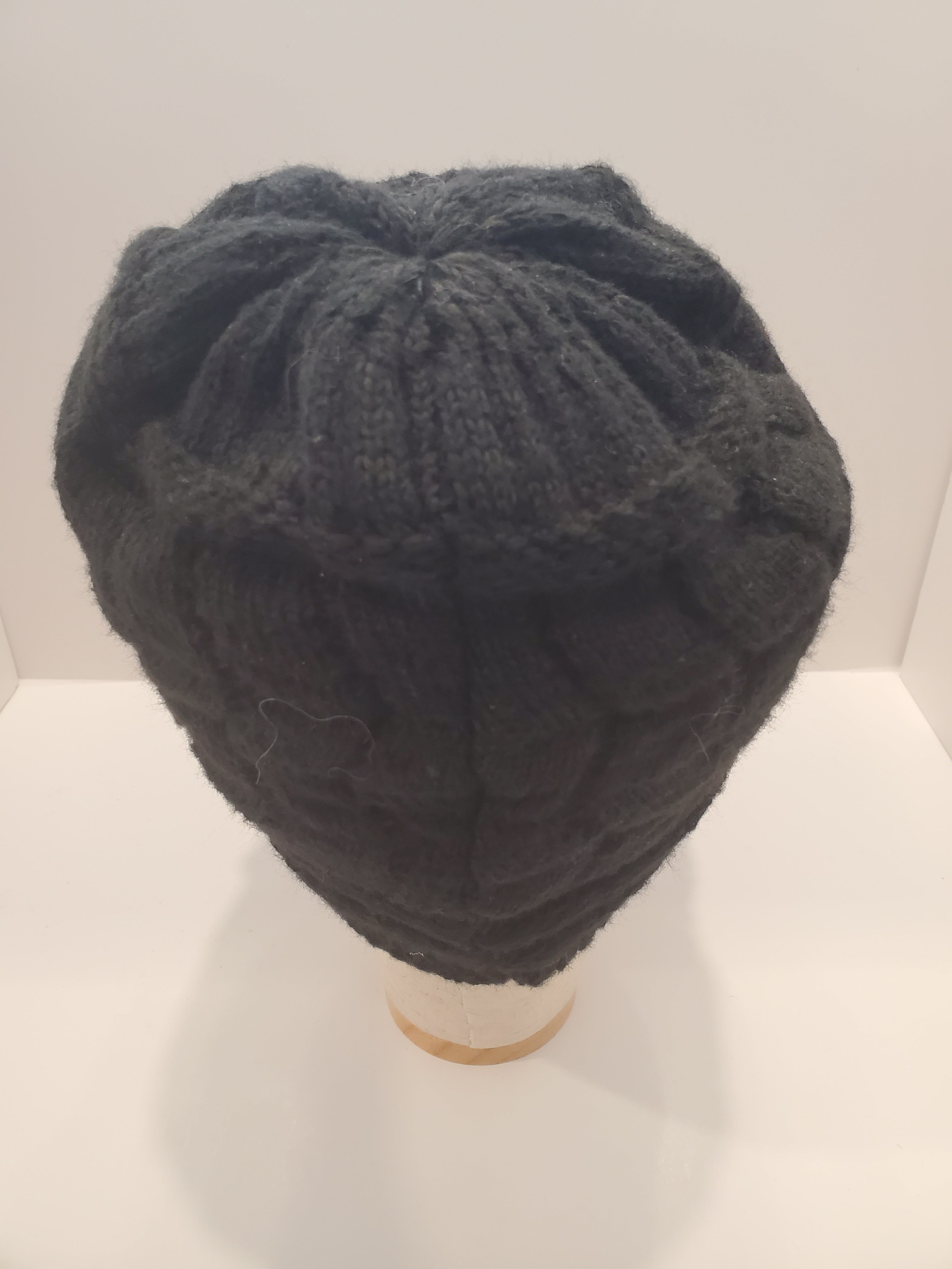 Black Cable Knit Brim Beanie with Crystal Wave Accent & Fleece Lining