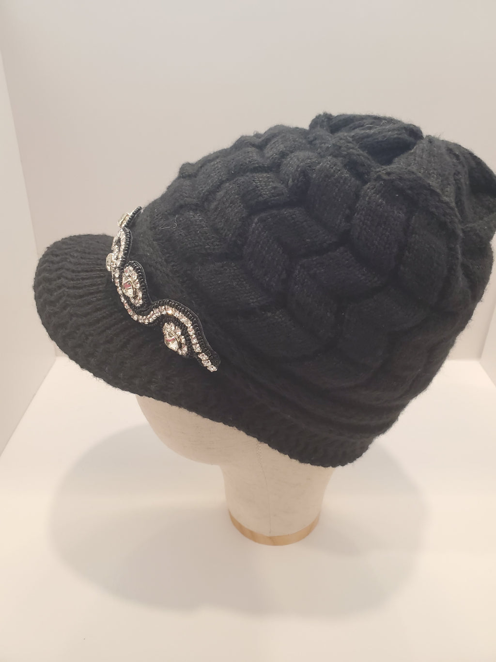 Black Cable Knit Brim Beanie with Crystal Wave Accent & Fleece Lining