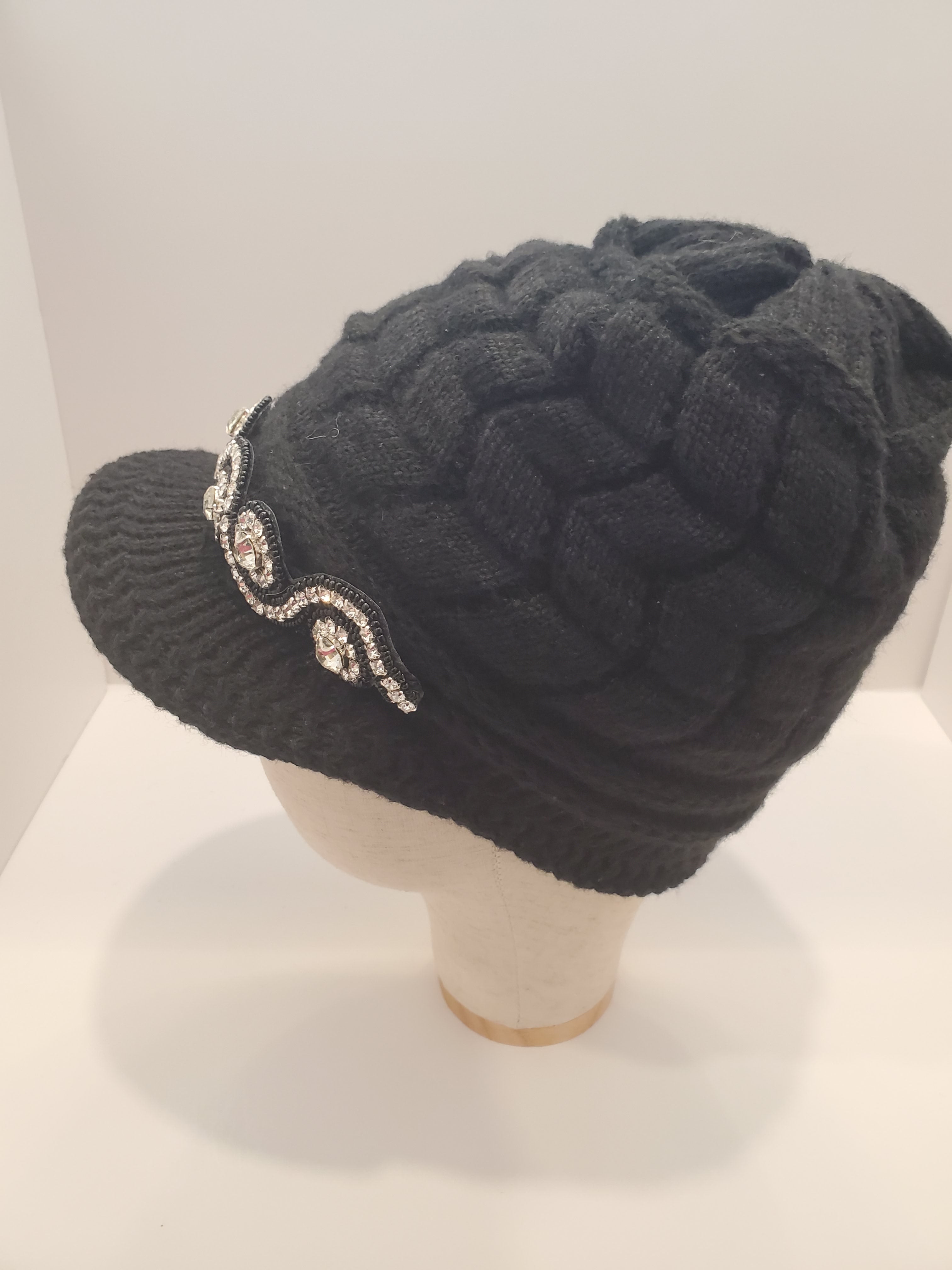 Black Cable Knit Brim Beanie with Crystal Wave Accent & Fleece Lining