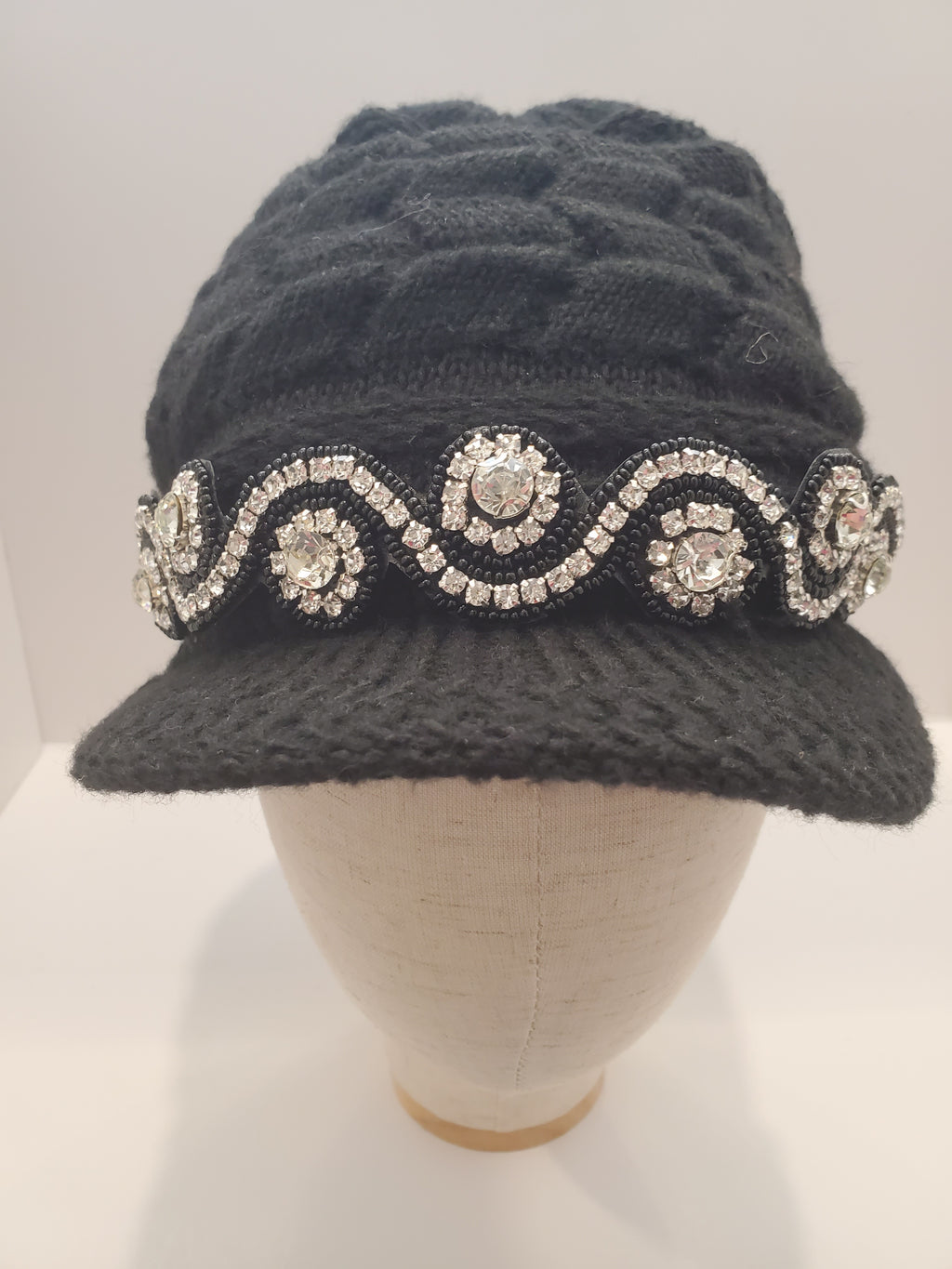 Black Cable Knit Brim Beanie with Crystal Wave Accent & Fleece Lining