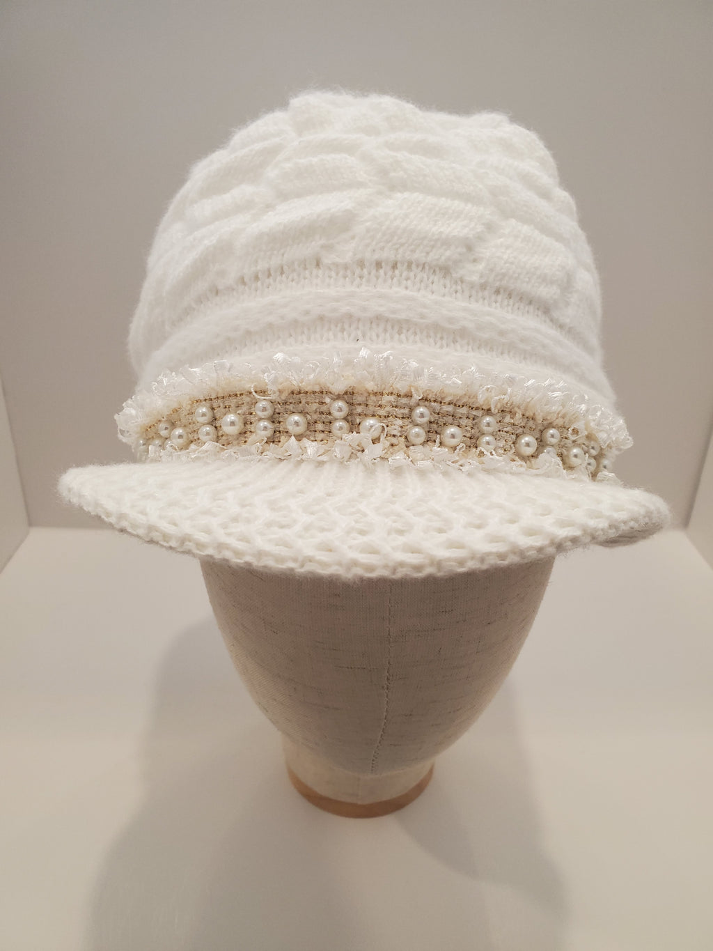 White Cable Knit Beanie with Pearl & Fringe Trim