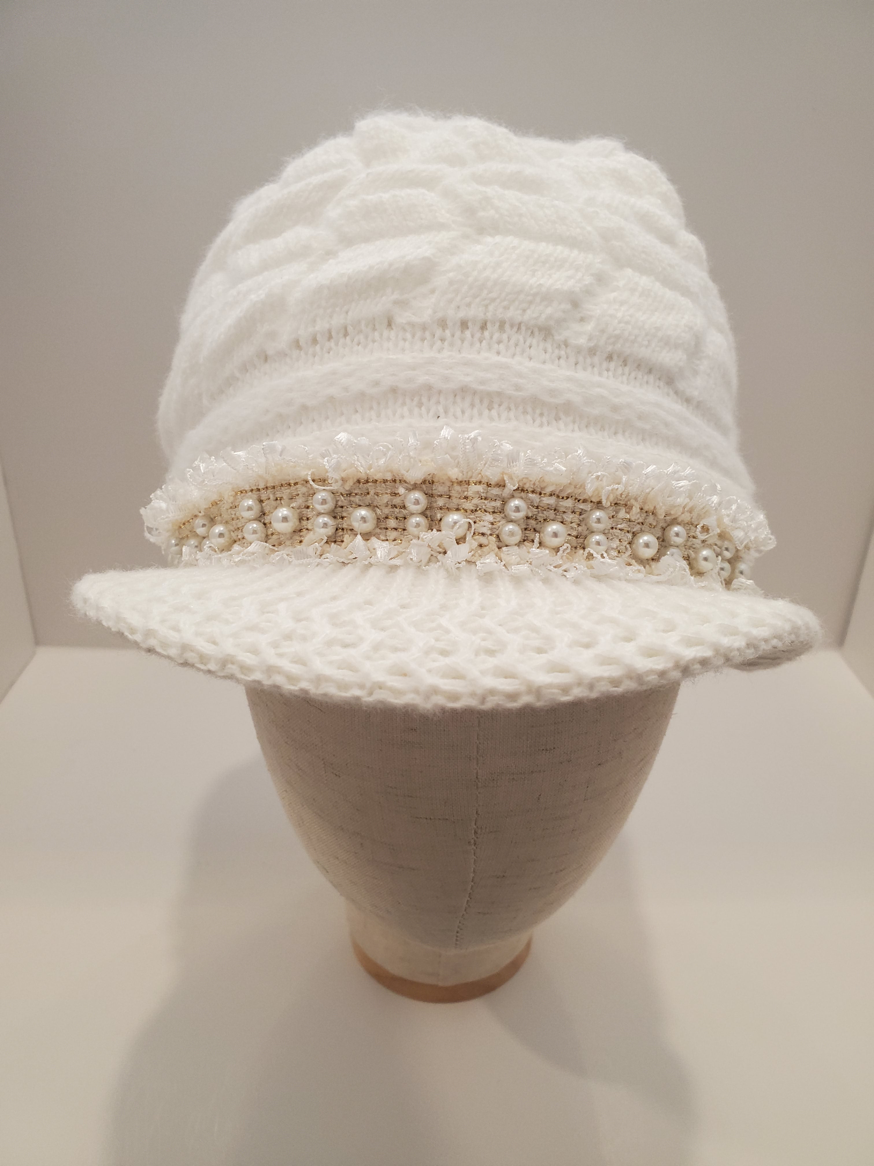 White Cable Knit Beanie with Pearl & Fringe Trim