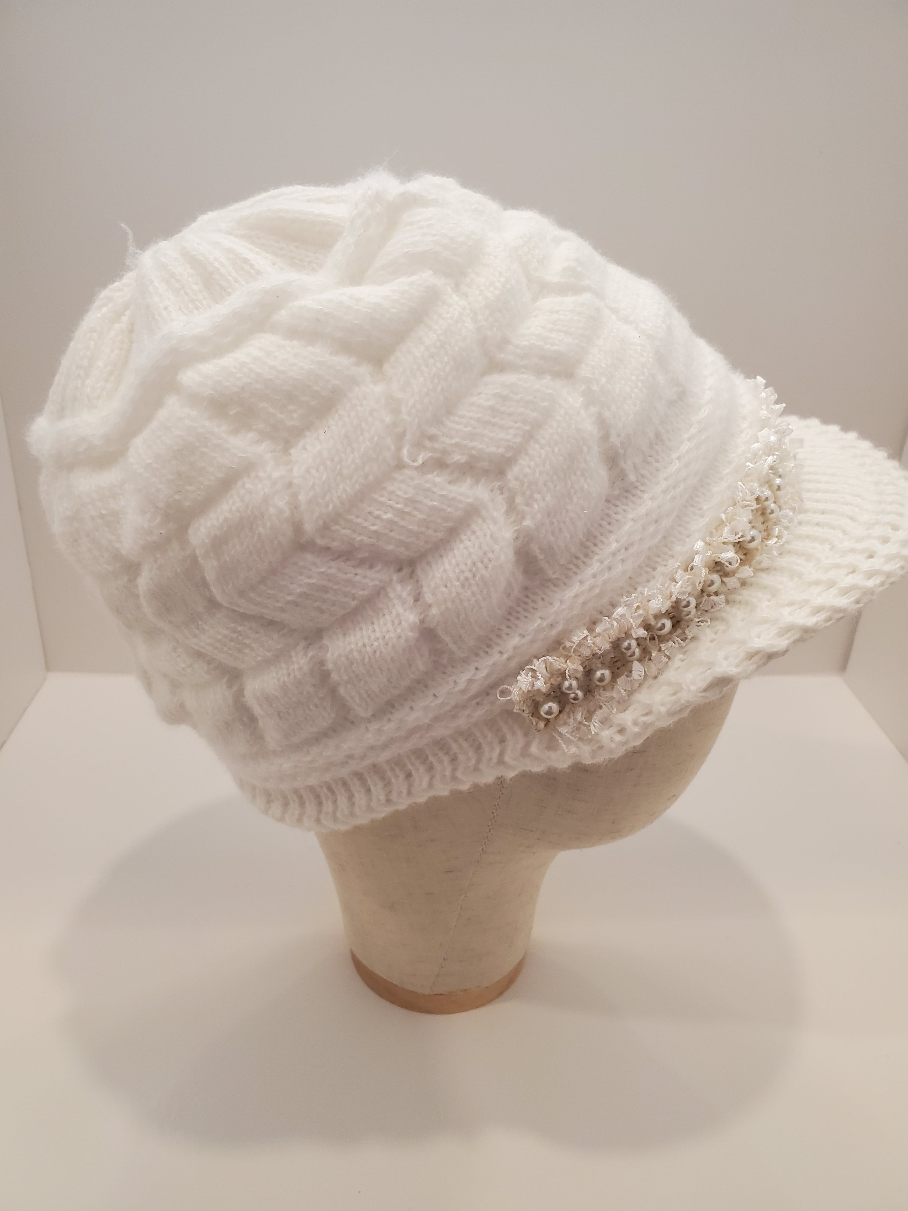 White Cable Knit Beanie with Pearl & Fringe Trim
