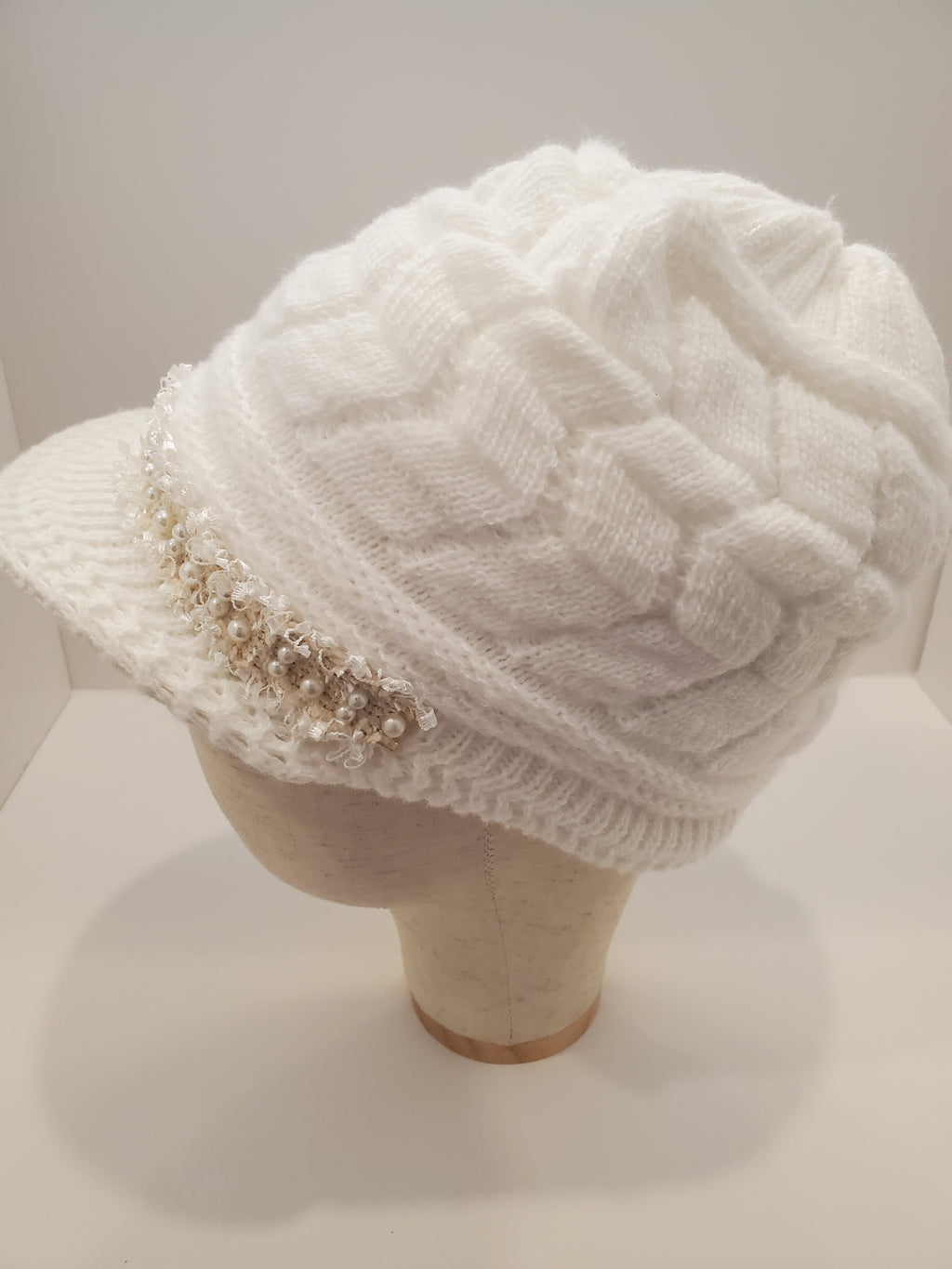 White Cable Knit Beanie with Pearl & Fringe Trim