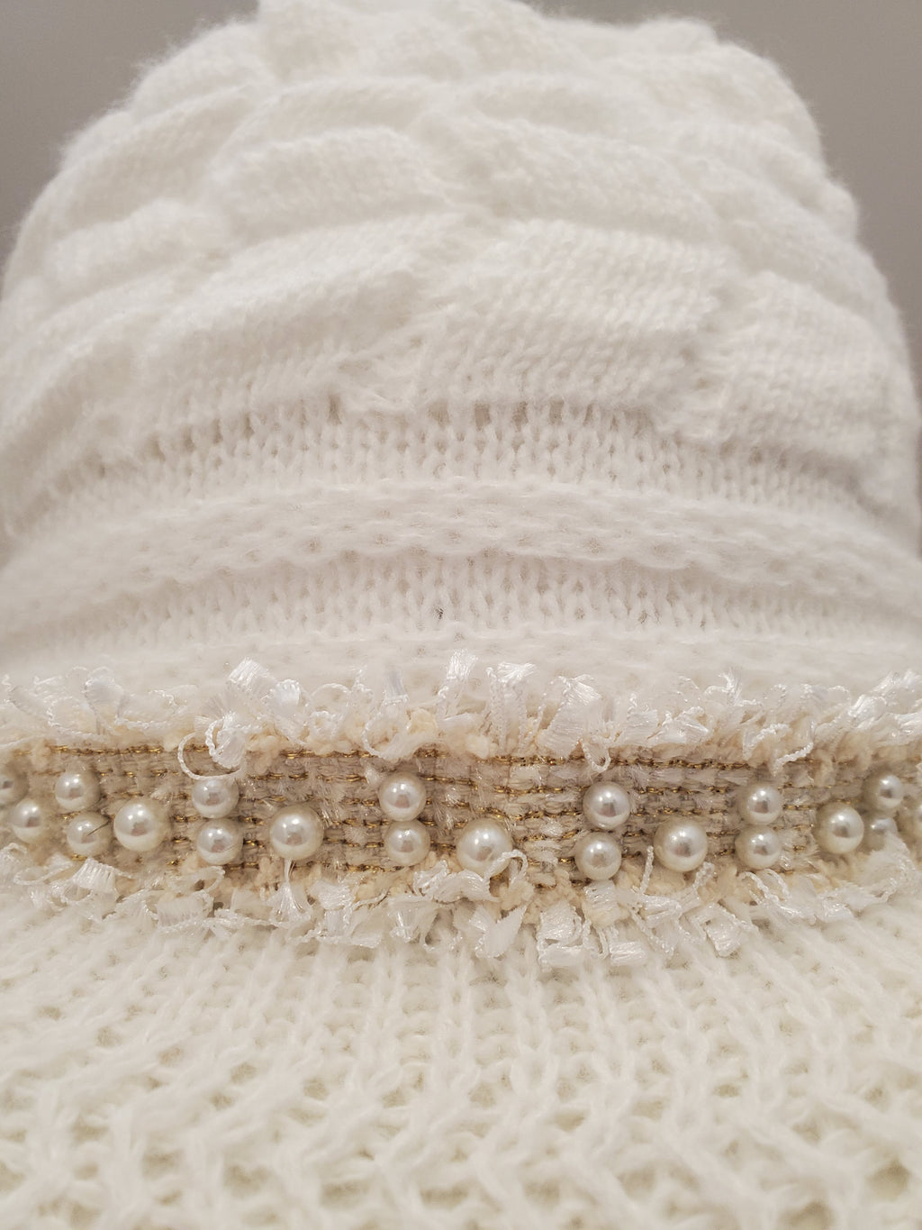 White Cable Knit Beanie with Pearl & Fringe Trim