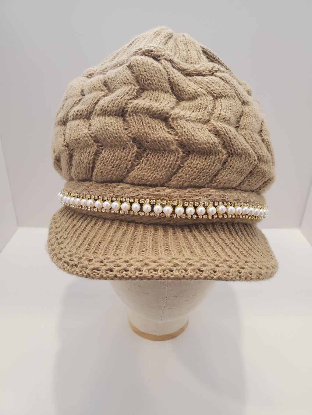 Beige Cable Knit Beanie with Pearl & Rhinestone Trim