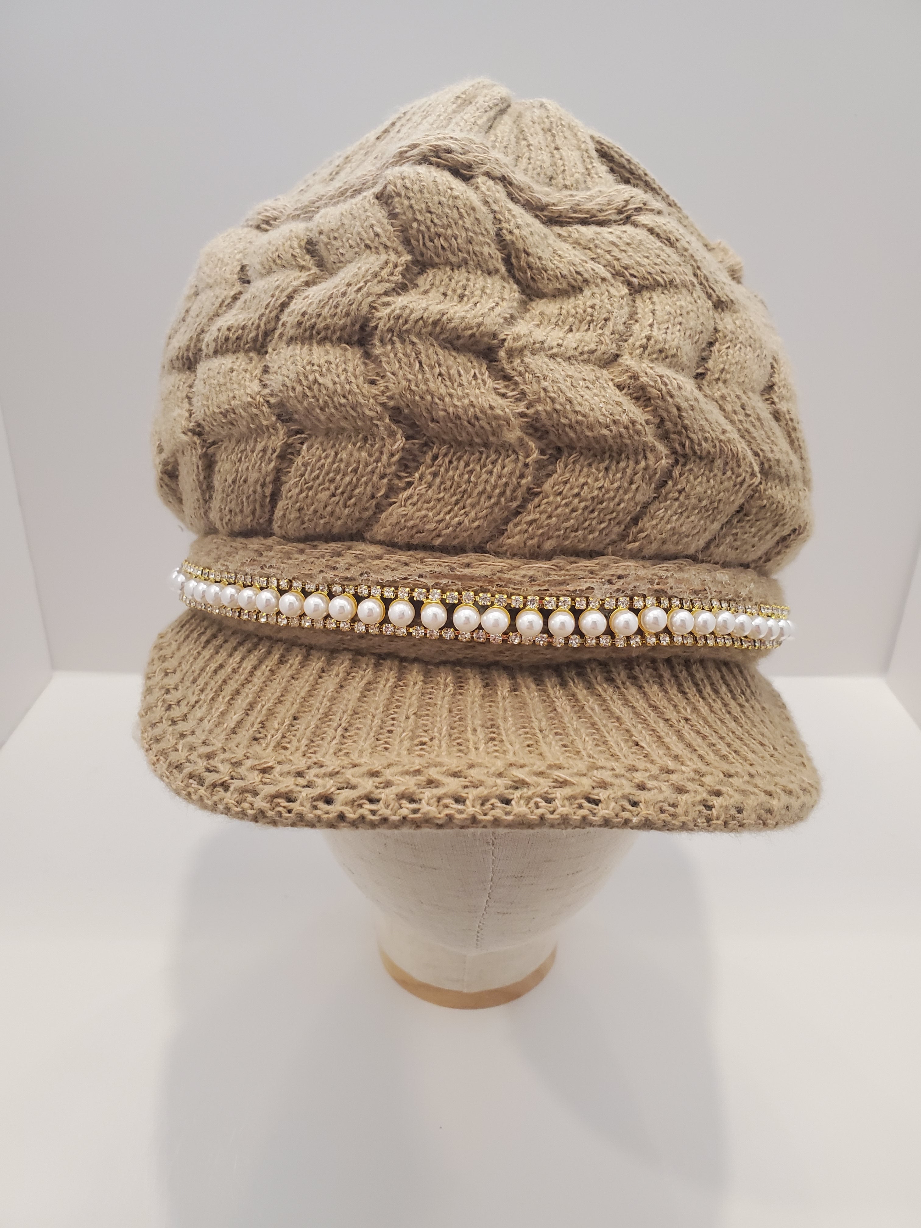 Beige Cable Knit Beanie with Pearl & Rhinestone Trim