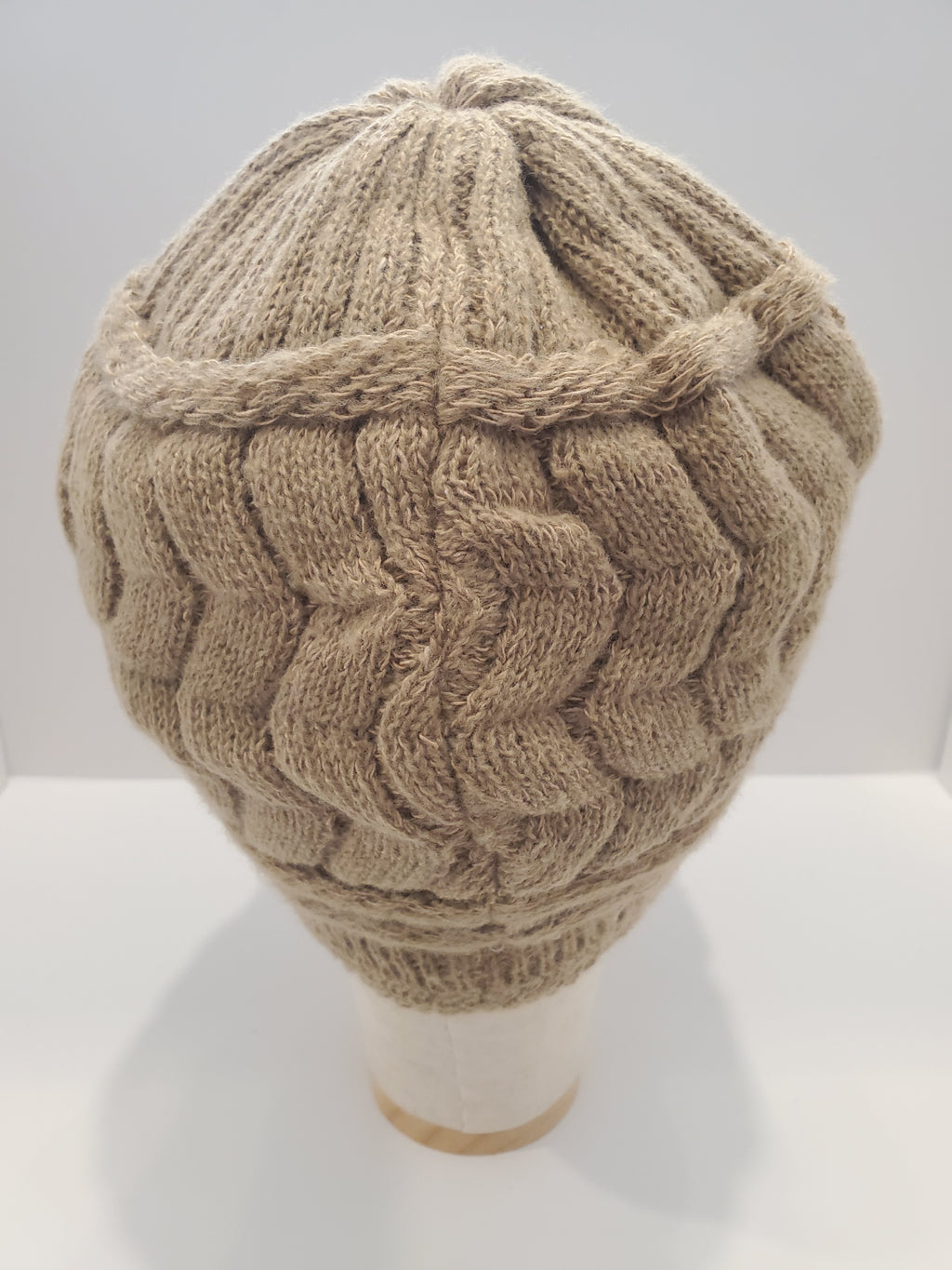 Beige Cable Knit Beanie with Pearl & Rhinestone Trim