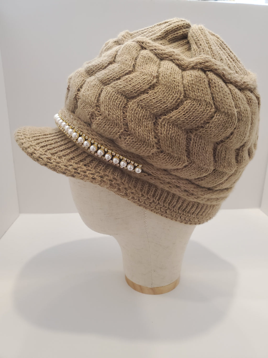 Beige Cable Knit Beanie with Pearl & Rhinestone Trim