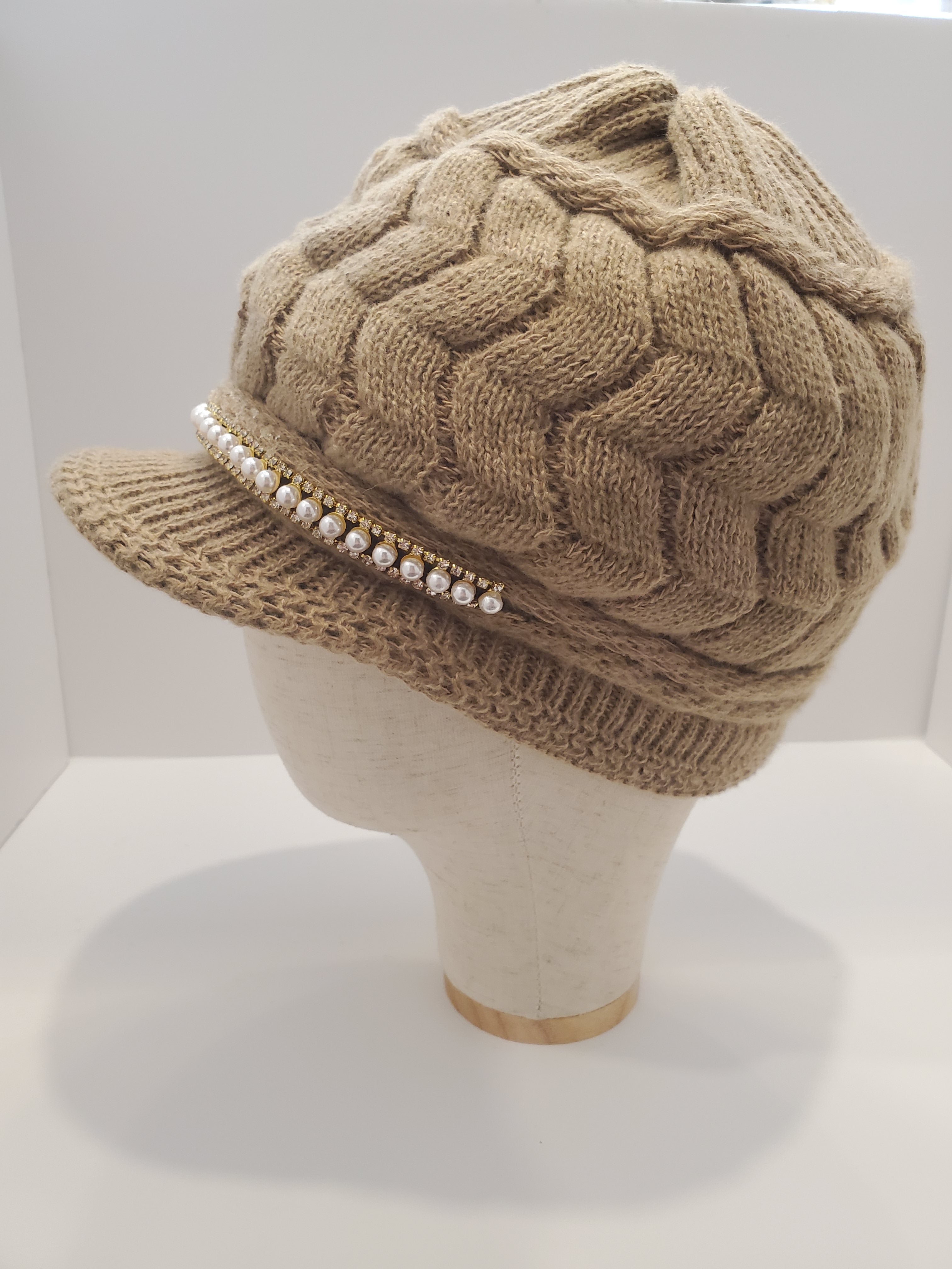 Beige Cable Knit Beanie with Pearl & Rhinestone Trim
