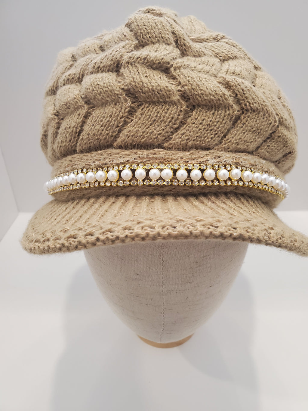 Beige Cable Knit Beanie with Pearl & Rhinestone Trim