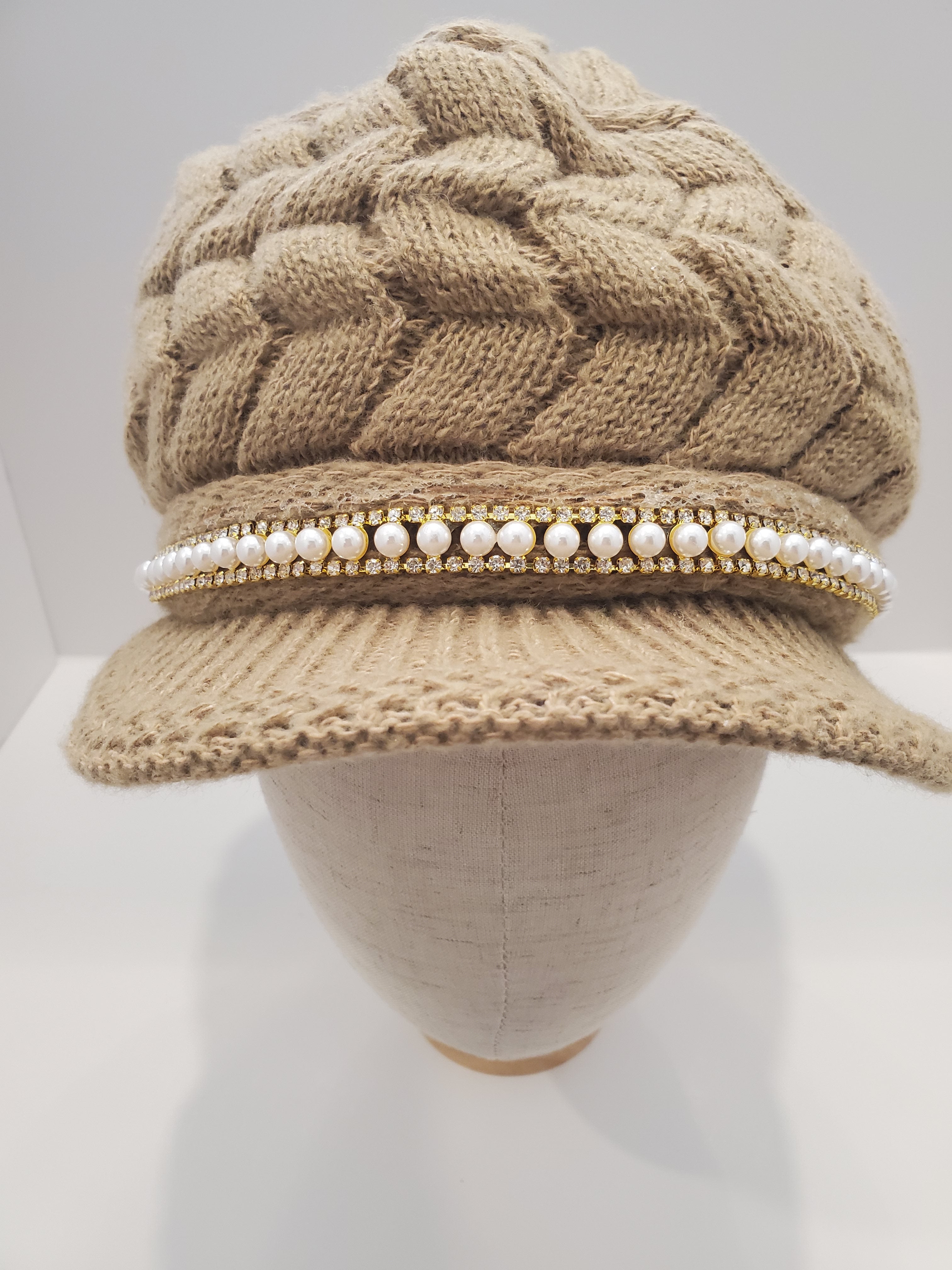 Beige Cable Knit Beanie with Pearl & Rhinestone Trim
