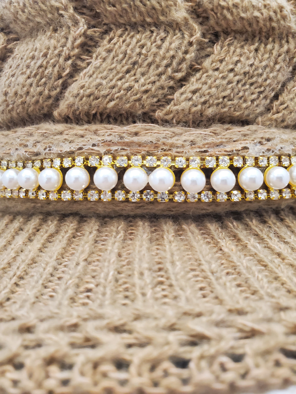 Beige Cable Knit Beanie with Pearl & Rhinestone Trim