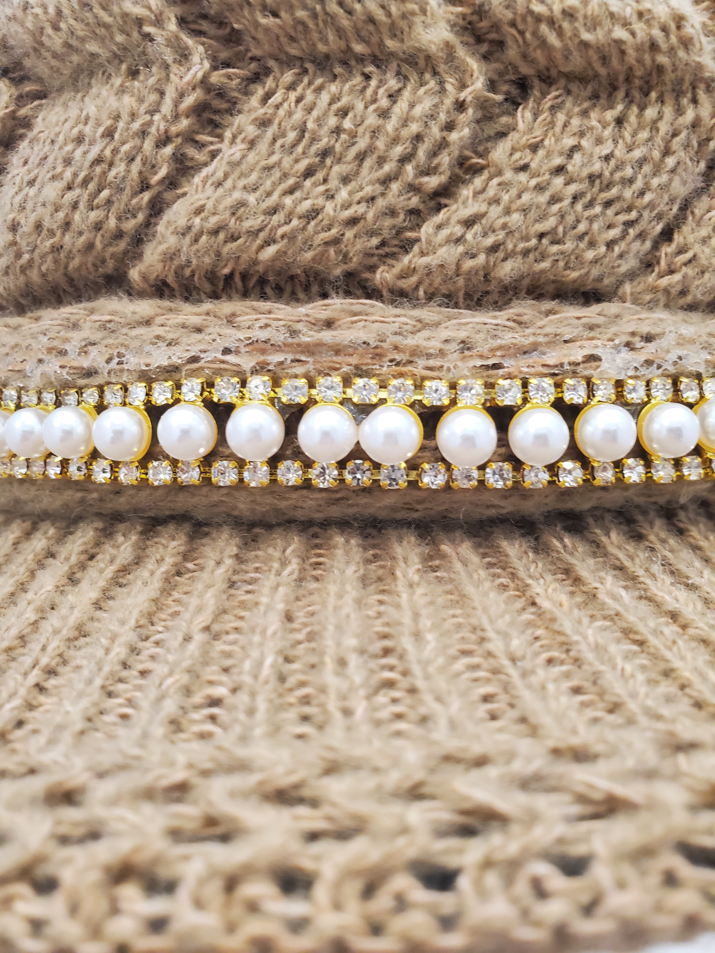 Beige Cable Knit Beanie with Pearl & Rhinestone Trim