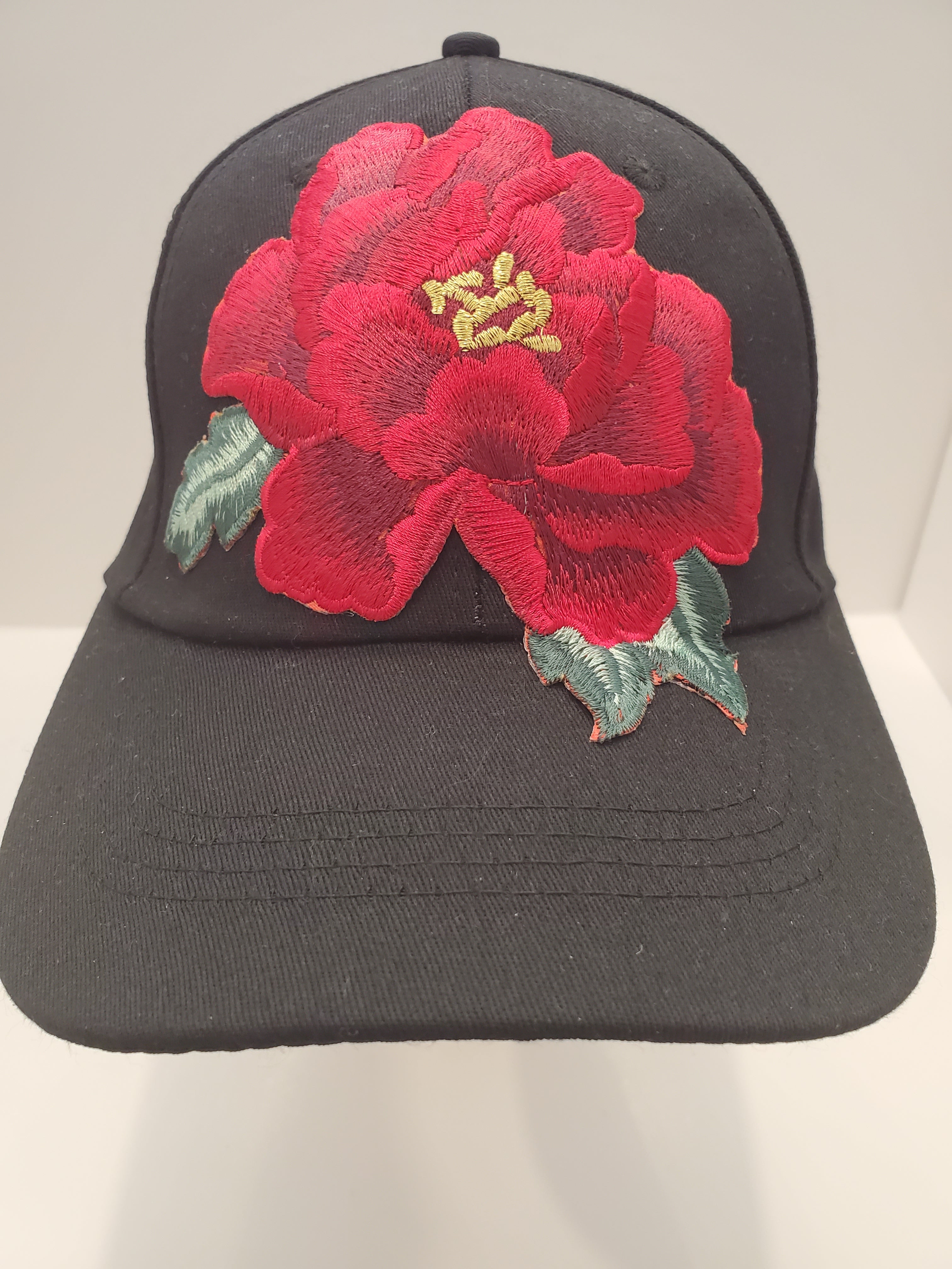 Black Baseball Cap with Red Rose Embroidery