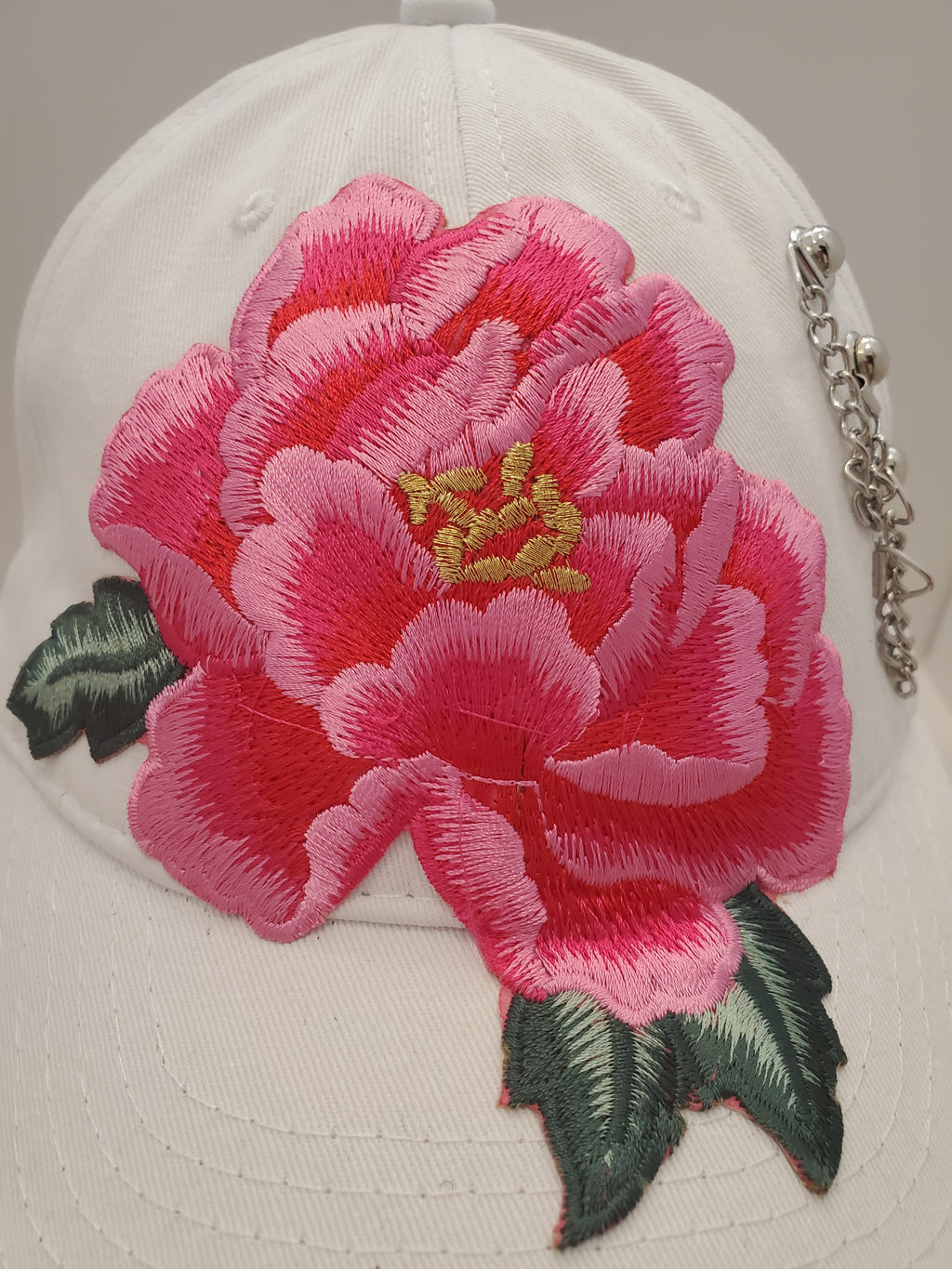 White Peony Embroidered Baseball Cap with Chain Accent