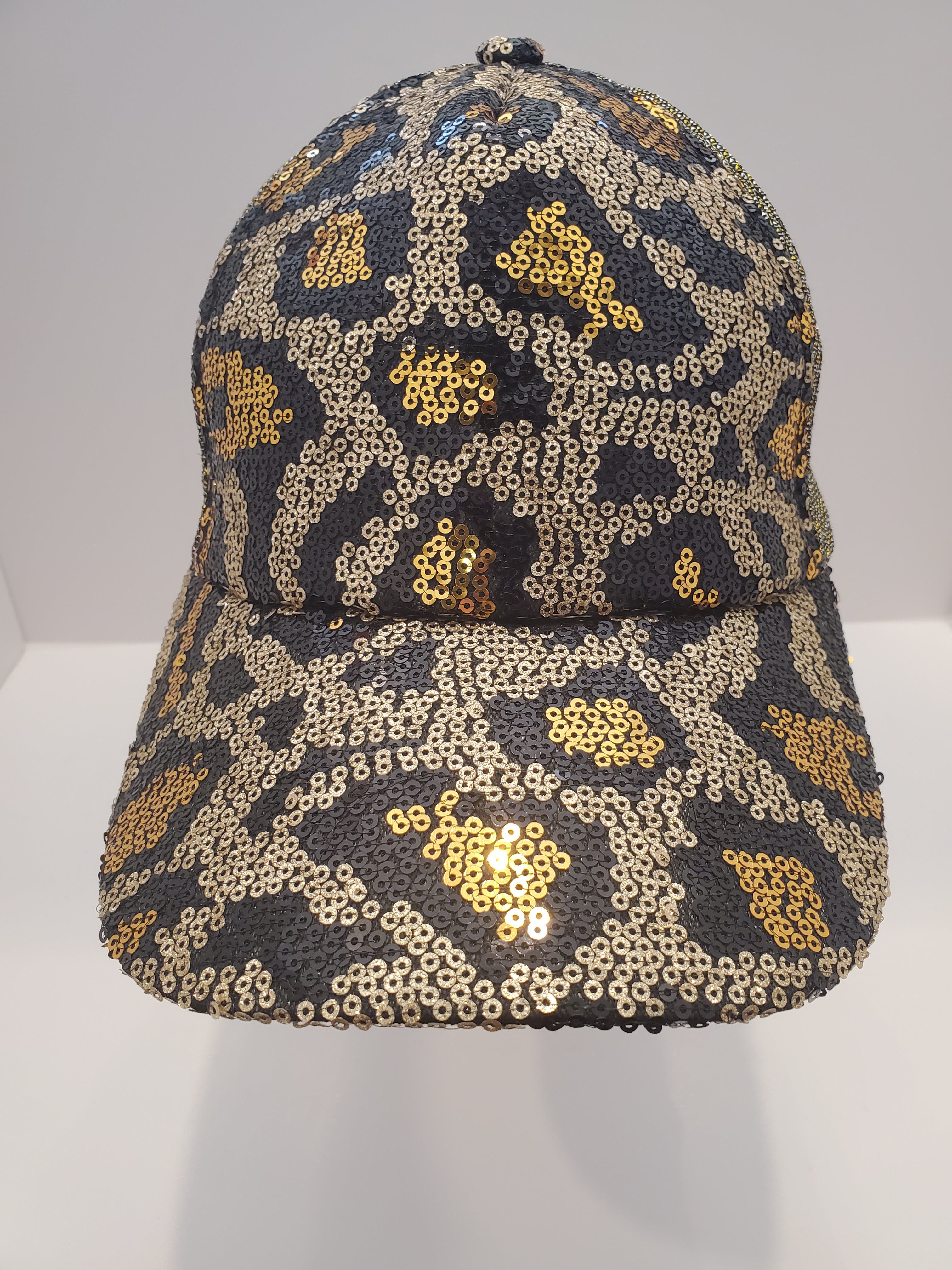 Gold & Black Sequin Leopard Print Baseball Cap