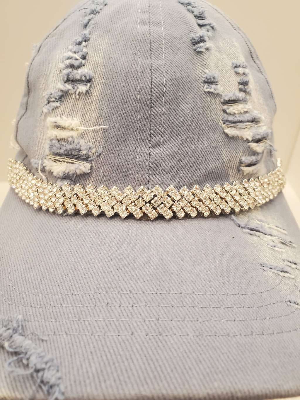 Distressed Light Denim Cap with Crystal Rhinestone Band