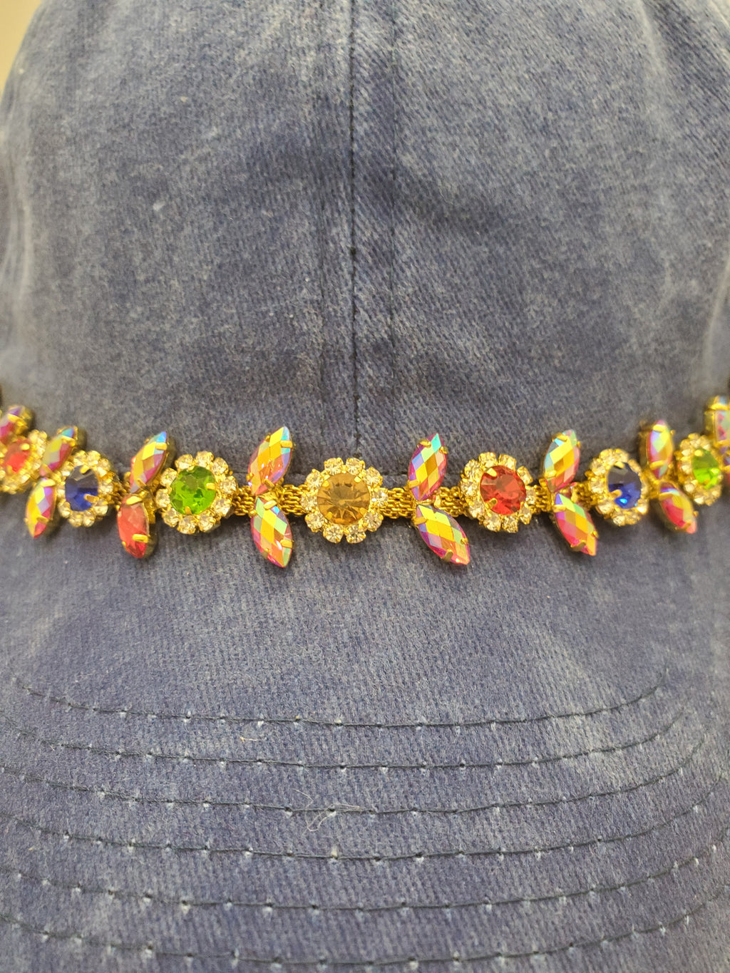 Blue Denim Cap with Rainbow Crystal Chain