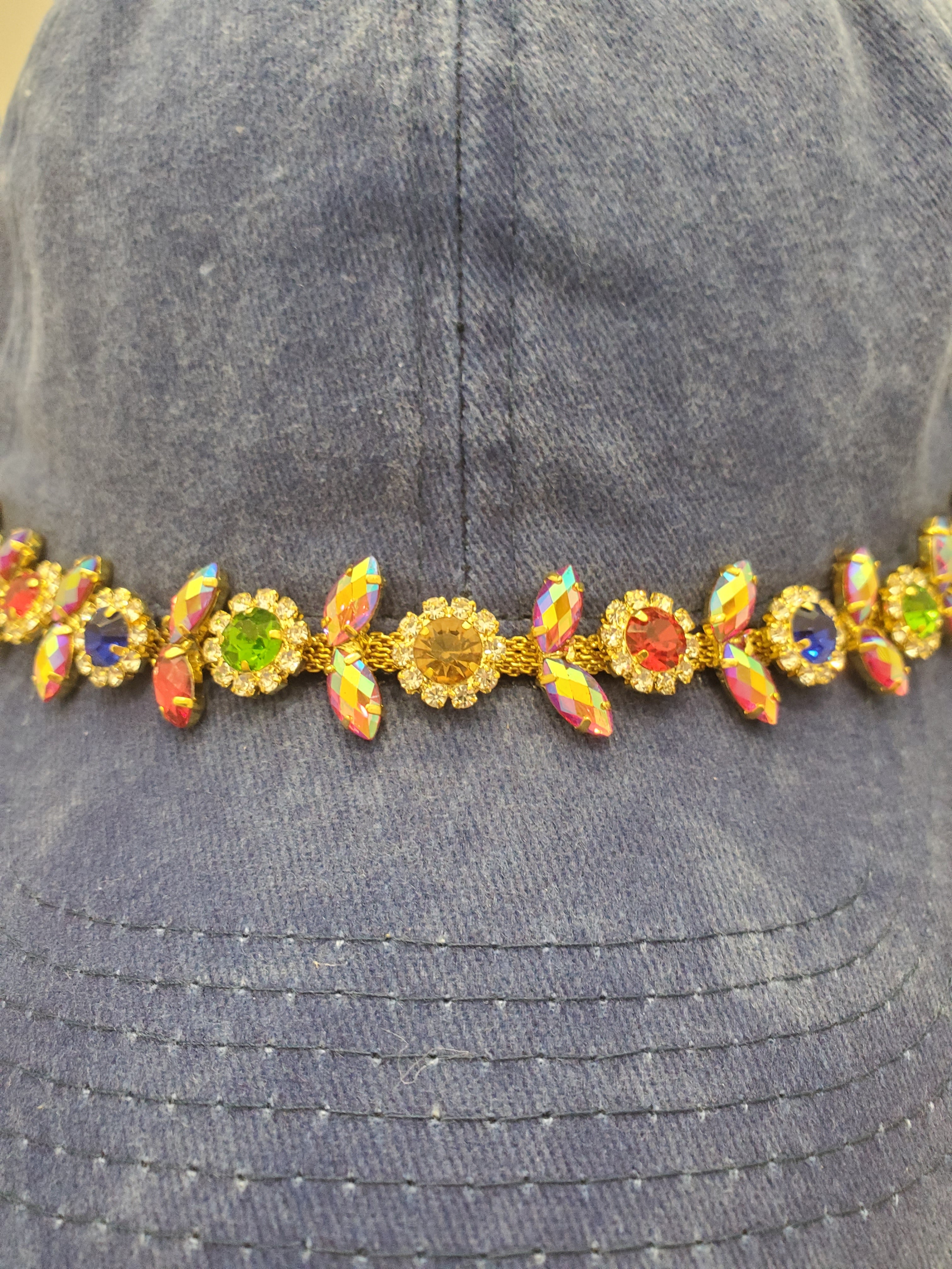 Blue Denim Cap with Rainbow Crystal Chain