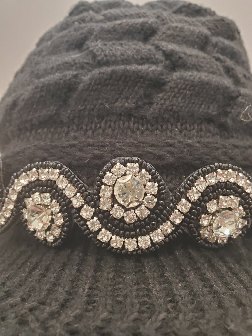 Black Cable Knit Brim Beanie with Crystal Wave Accent & Fleece Lining