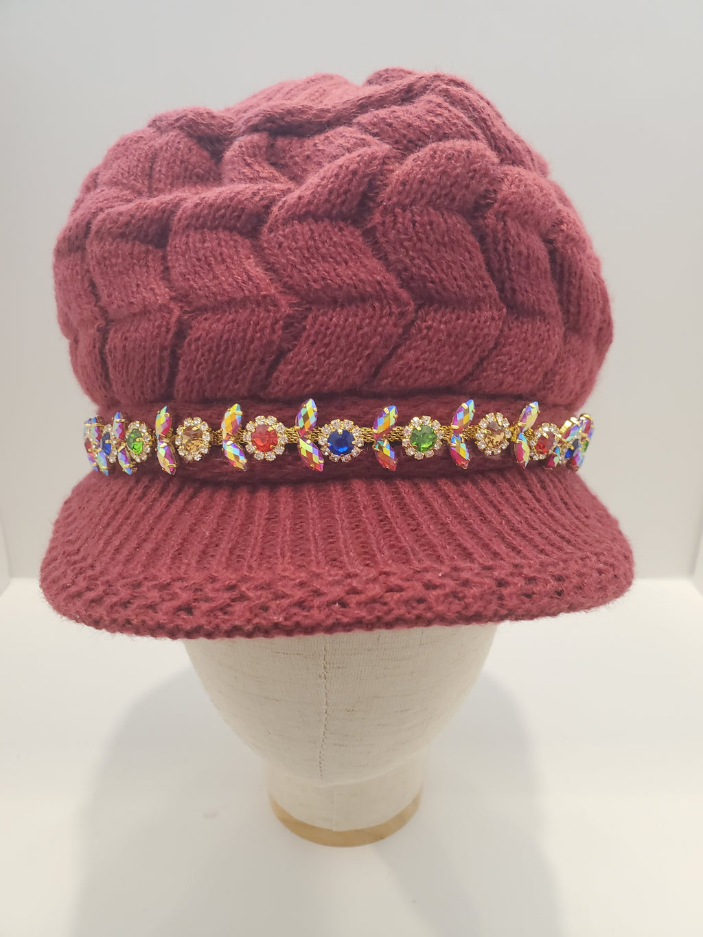 Wine Cable Knit Brim Beanie with Jewel Accent & Fleece Lining