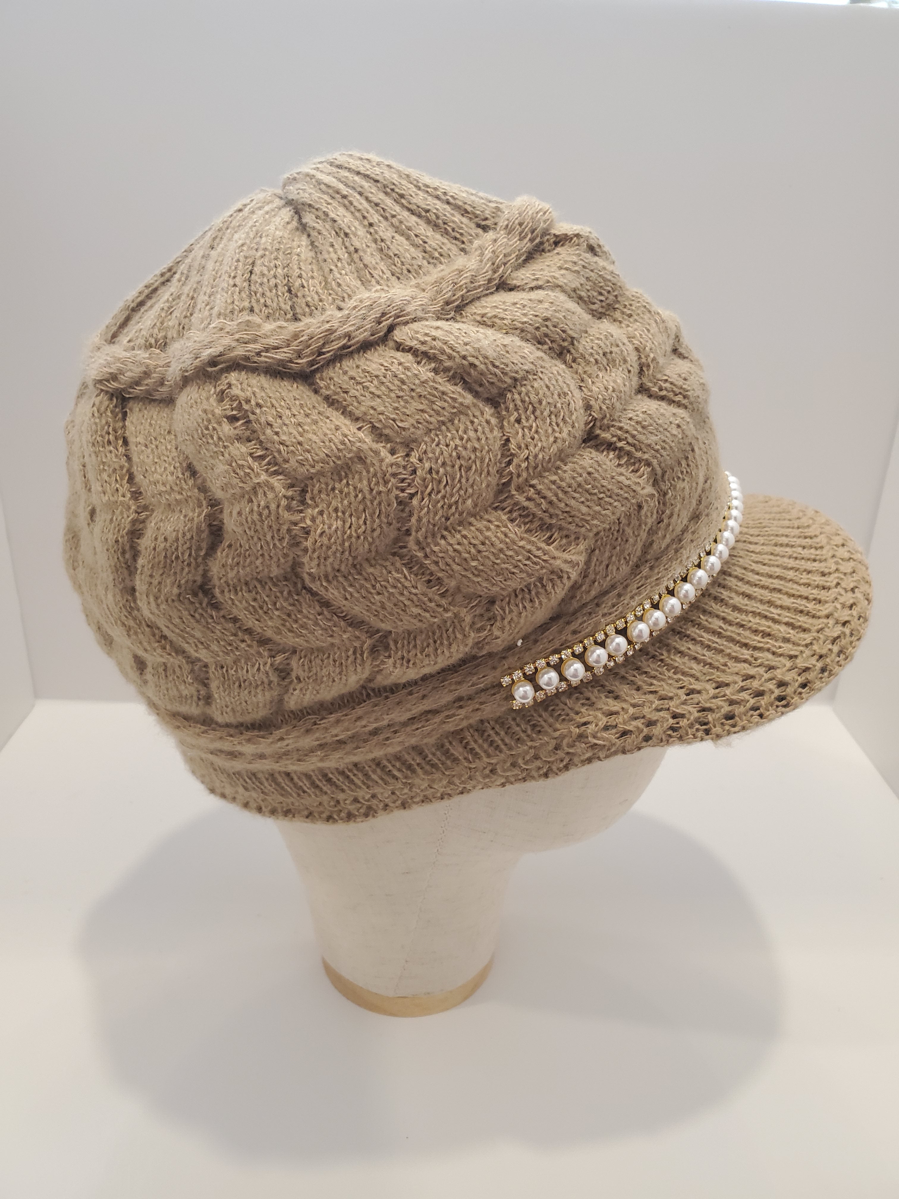 Beige Cable Knit Beanie with Pearl & Rhinestone Trim