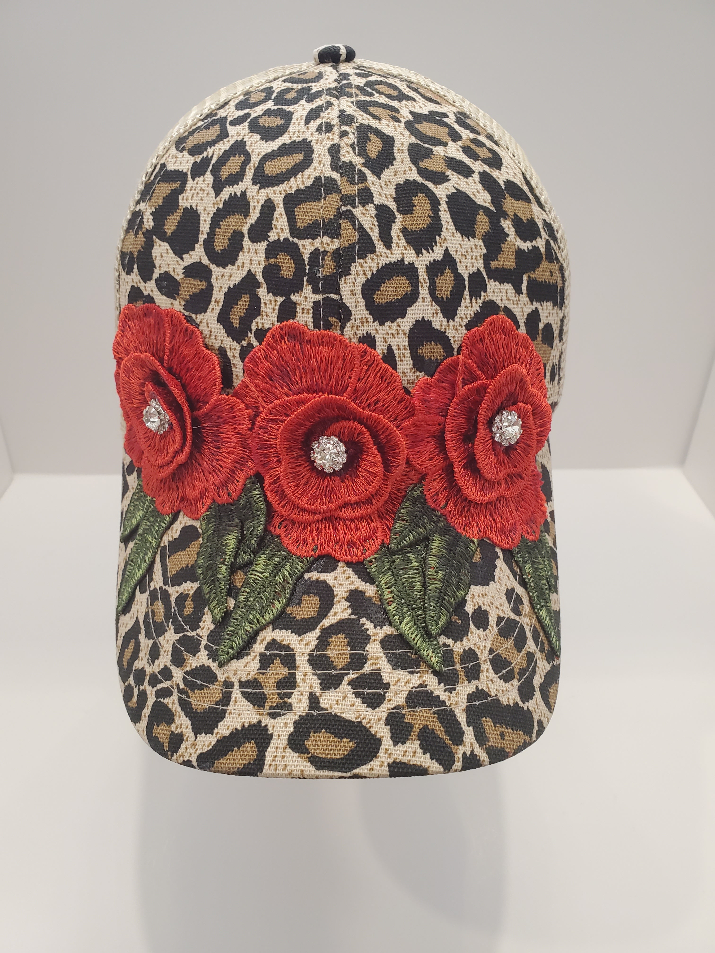 Leopard Floral Mesh Trucker Cap – Handcrafted Embroidered Hat