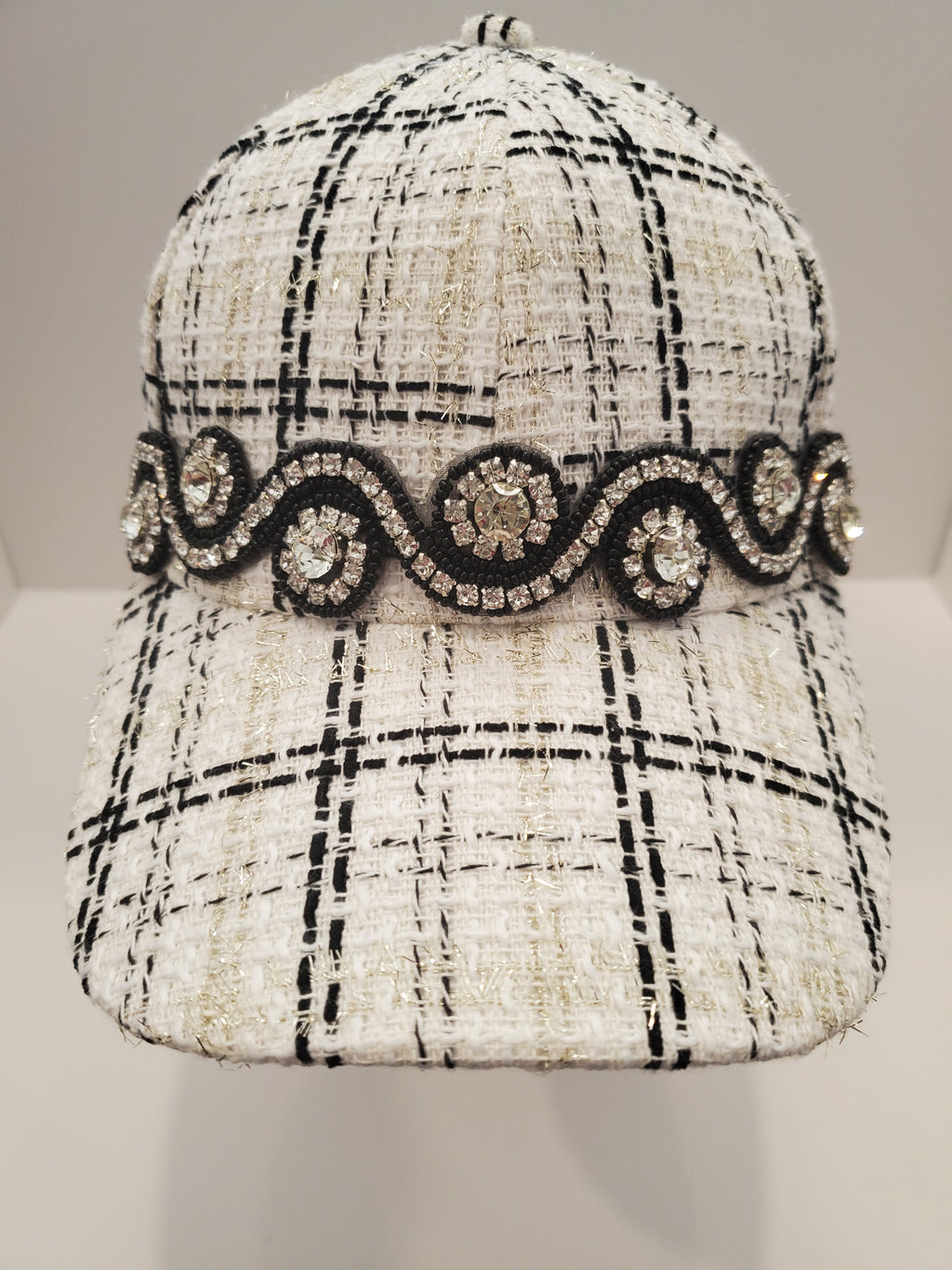 Black & Gold Tweed Crystal Cap – Luxe Handcrafted Baseball Hat