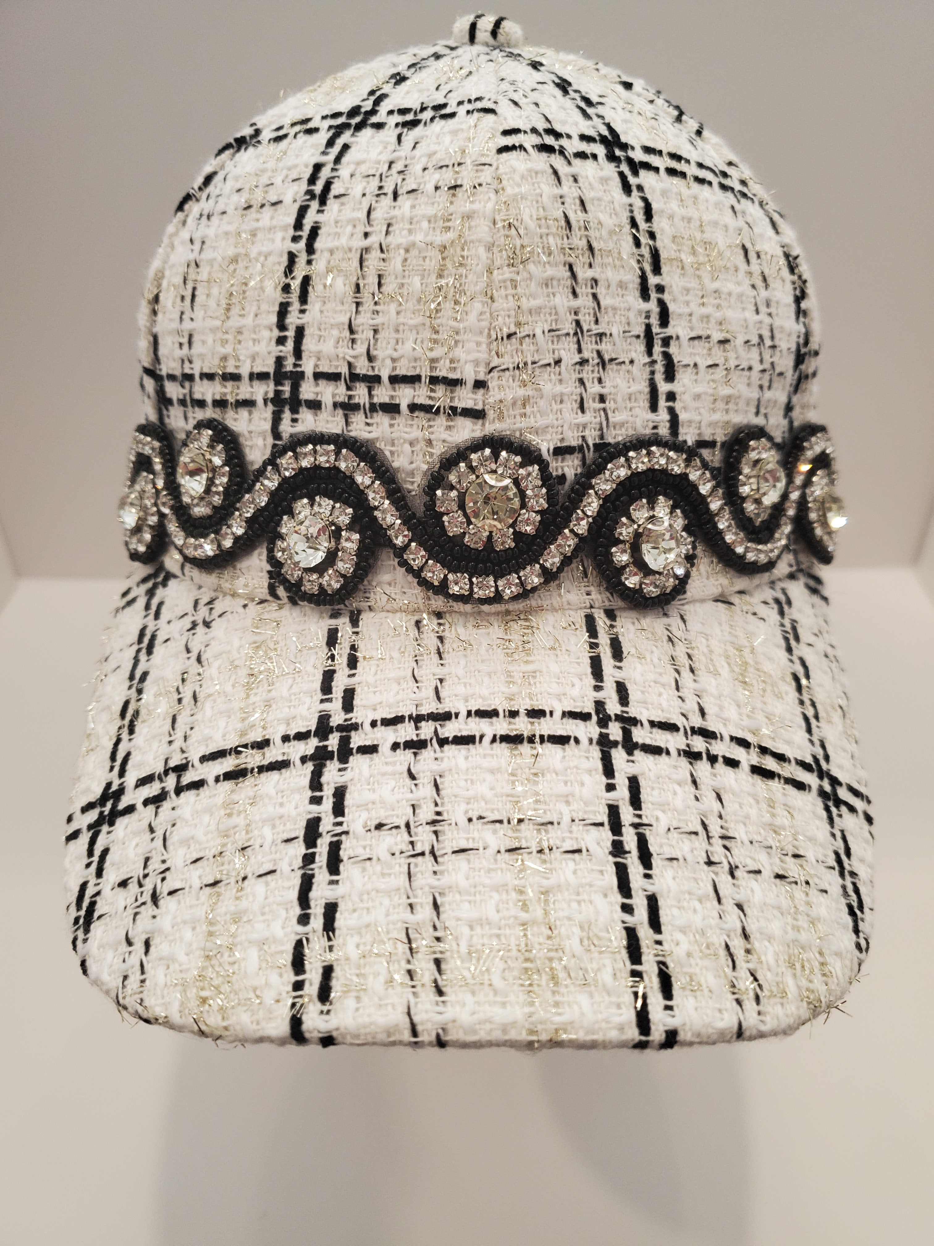 Black & Gold Tweed Crystal Cap – Luxe Handcrafted Baseball Hat